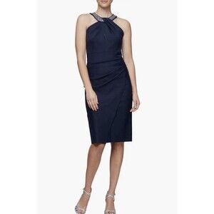 Alex Evenings Embellished Halter Neck Ruched Sheath Dress, Blue Navy, Size 12.